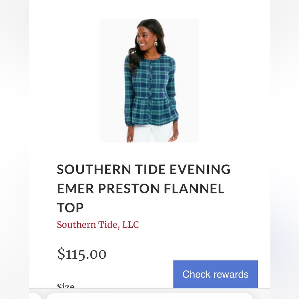 NWT Southern Tide W’s Small Preston Flannel Peplum Top in Evening Emerald